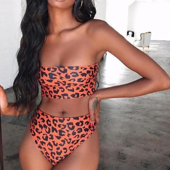 NWT XL High Waist Cheetah Bandeau Bikini Set - Picture 7 of 12